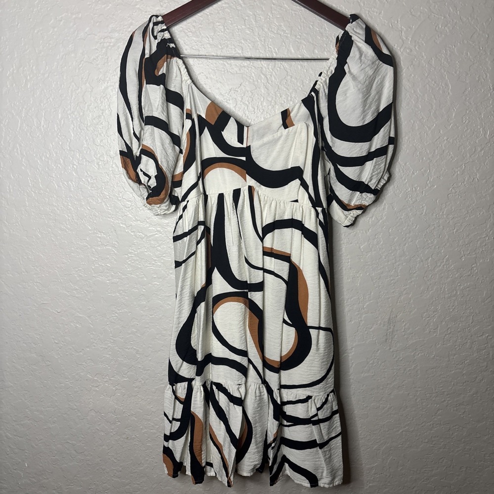 Nine West Womens Mini Dress Size Medium Boho Puff Sleeve Coquette, Beige/Black